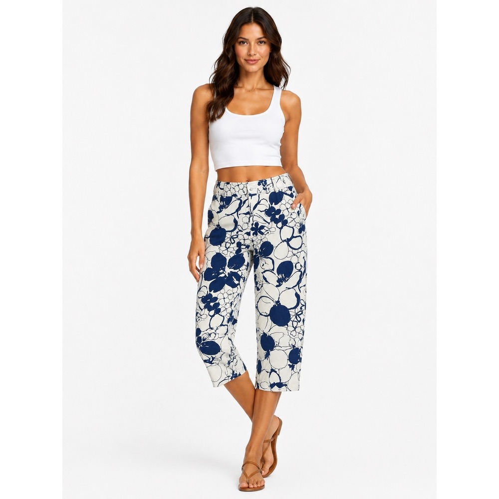 Ann Taylor Capri Pants Womens 4 Blue White Floral Cotton‎ Stretch Crop Trousers